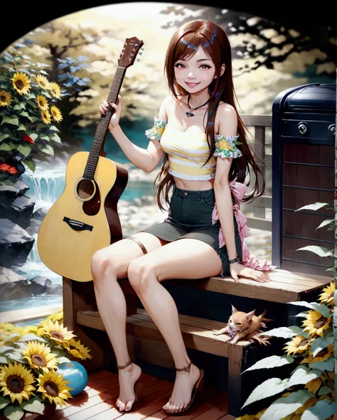 realistic anime illustration of smiling beautiful asian woman sitting with a guitar, she is in black long wavy hair (+forehead, multicolored hair, brown gradient hair, brown streaked hair), wears light mint green with sunflowers print off-shoulder, yellow ...