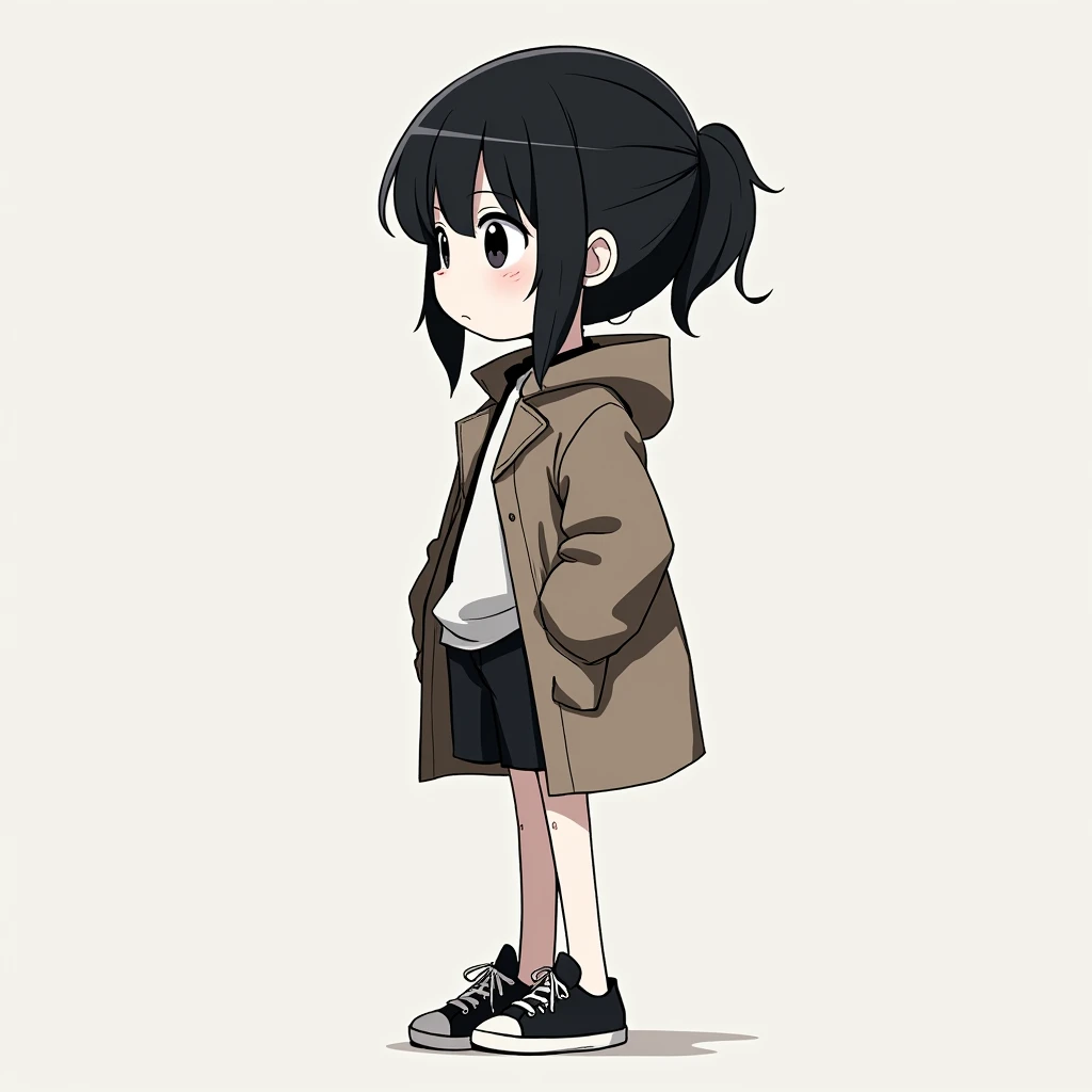 A big head style female anime character.  big coat big shorts black sneakers white skin black eyes big black hair looking forward profile picture 