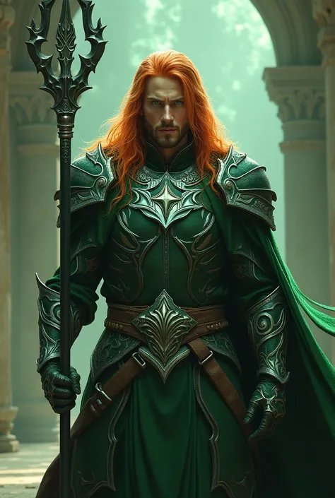 Man with green eyes wearing green armor with white and black details with white pants and long orange hair holding a spear