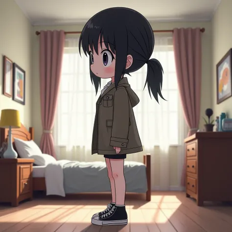 A big head style female anime character.  big coat big shorts black sneakers white skin black eyes big black hair looking forward profile picture in bedroom 