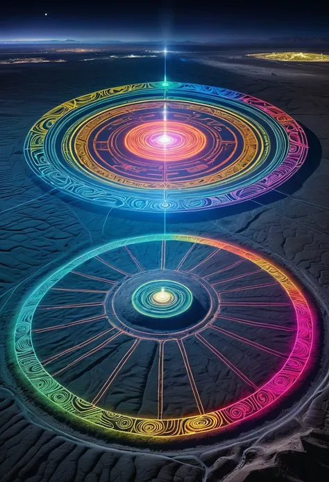 The Nazca Lines emitting colorful lights at night and a huge, disc-shaped UFO floating above them、The perfect balance between the vividly lit ground drawings and the UFO、A masterpiece of light、High resolution, Best Quality, Winner of numerous awards, Ultra...