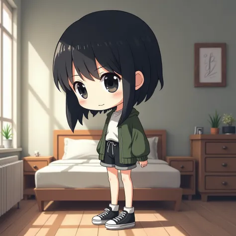 A big head style female anime character.  big coat big shorts black sneakers white skin black eyes big black hair looking forward profile picture in bedroom 