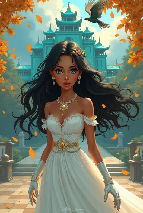 Caramel skin princess, with long black hair and clear vibrant blue eyes. She wears a wedding dress and iron gloves on her hands and in her hair she has a brooch with a peacock feather. She has a scared expression on her face. In the background is a turquoi...