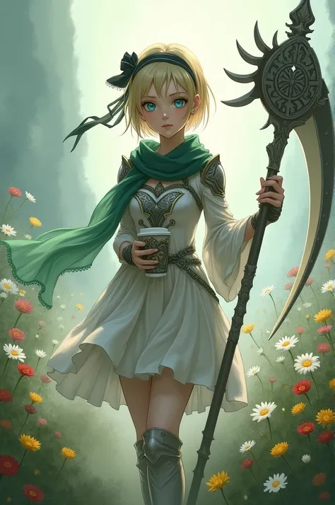 1girl, blond hair, short hair, white dress, shoulder armor, green scarf, blue eyes, hips armour, foot armour, hair over one eye, black headband, among flower, long colors shirt, long dress, long pants under the dress, scathe, birds, xianxia, front viewer,d...