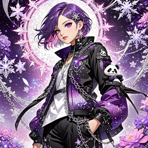 The character Teen Boy and stylized appearance, with short purple hair and a slightly falling fringe in the front, adorned with white details resembling crystals or shimmering strands. Their large, purple eyes are emphasized by intricate makeup in shades o...