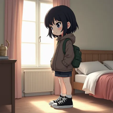 A big head style female anime character.  big coat big shorts black sneakers white skin black eyes big black hair looking forward profile picture in bedroom 