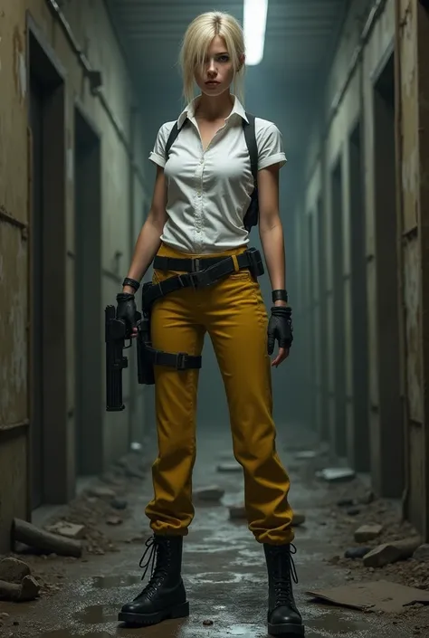 Imagine a woman inspired by the style of the characters from Resident Evil. she has BLONDE hair, which is kept in a practical and functional cut, with some strands falling in an orderly fashion over the shoulders. Its look is both elegant and tactical..

S...