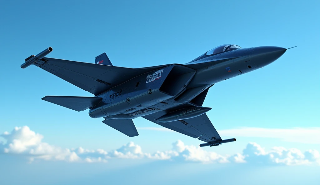 Create an image of a fighter jet designed in the shape of a black eagle, soaring through a clear blue sky. The jet should have the majestic and powerful appearance of an eagle, with its wings and body resembling the sleek, aerodynamic form of a modern airc...