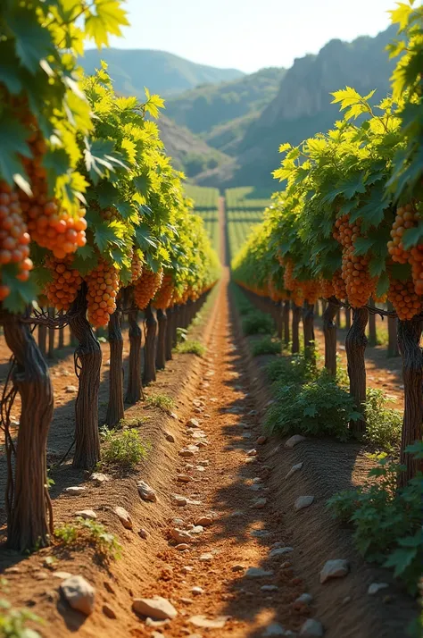 A vineyard half dry and half full of fruit 
