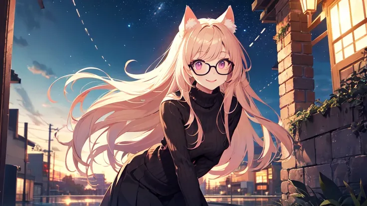 solo、alone、woman、Cat ears、Beautiful breasts、Kneeling and bending forward、(Wearing pink glasses)、Pink lipstick、Cheek makeup、(Black Cable knit sweater)、Long skirt、Starry Sky、Night Sky、Strong winds、Center of chest、smile、Blonde、Long Hair、Red Eye、Half Twin、anim...