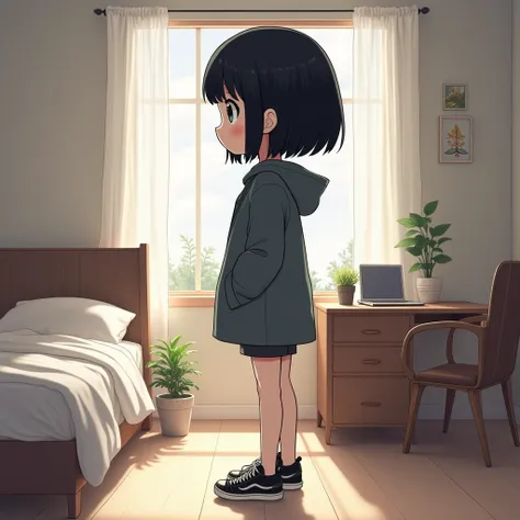 A big head style female anime character.  big coat big shorts black sneakers white skin black eyes big black hair looking forward profile picture in bedroom 