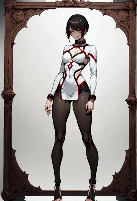 full body,standing,Alone,short hair,work of art,detailed face,beautiful young fitness girl,wearing black tights,tight white sweater with collar ,neckline,evil smile,red eyes glowing,labiaa,eye shadow,bangs in the eyes,sexy,perfect annoomy
