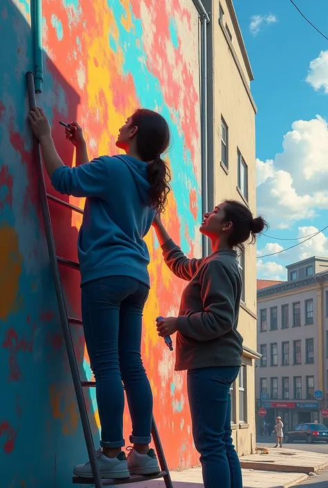 two people painting a mural, The first person to be with a scaffolding ladder