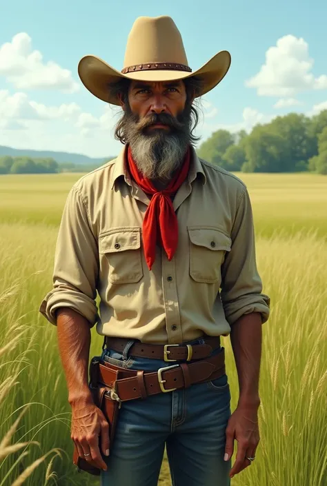 a cowboy, in a light brown hat, tanned skin, with big beard, in the green field with a red bow around his neck