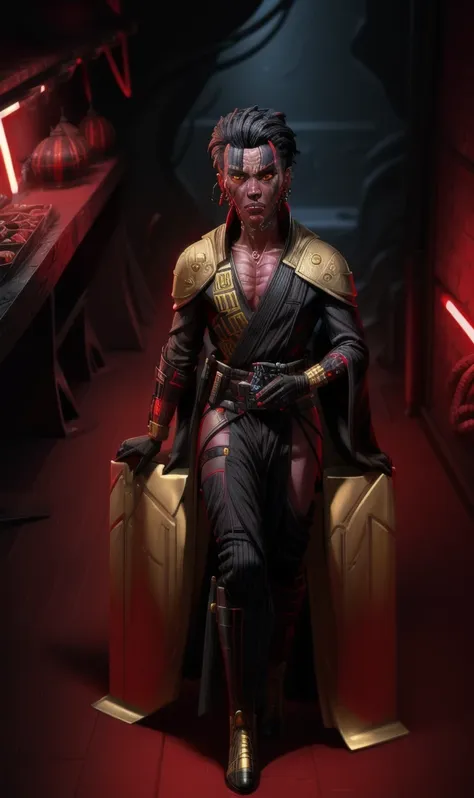 sthp2023, red alien, 1boy, red skin, yellow eyes, gold piercings, face tentacles, black hair, 8k, uhd, best quality, full body, masterpiece, raw image, skin pores, detailed skin, star wars, cool robes,  A bare chested red skinned sith holding his blaster p...