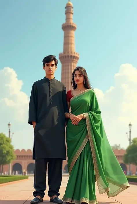 Swap with this image
Generate a real illustration of a boy  2 ang girl 20 pakistani couple in traditional attire, both standing front side Minar-e-Pakistan  she wears a green saree men s black shalwar kameez. 