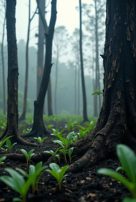 "An Amazon forest recovering after a fire, scorched trees with small green shoots emerging from the blackened earth, under a cloudy sky."