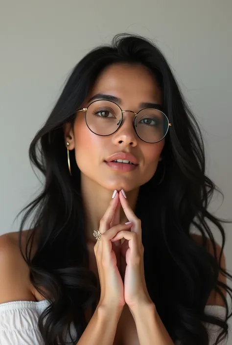 Woman with long black hair  , with glasses , white skinned latina , about 1 doing Different expression of love