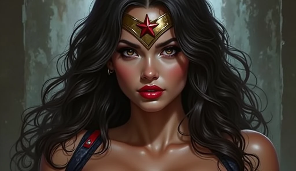 ((best quality)), ((masterpiece)), (detailed), perfect face (Sexy queen:1.1), (torn clothes:1.5), open half breast, beautiful, red lips, cluster, wet skin, view to thigh, wonderwoman costume, open half vagina, young