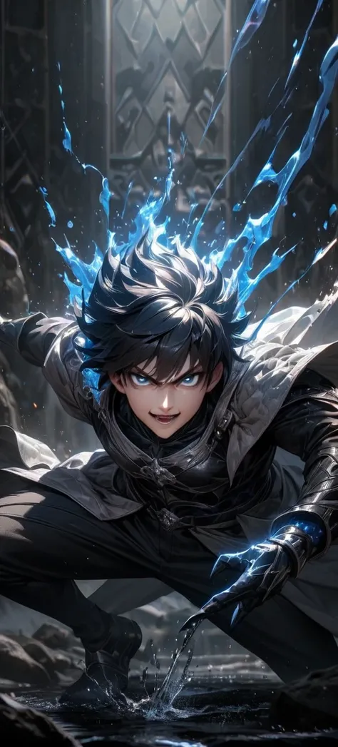 High quality, ultra realistic,absurdres, highres, ultra detailed, HDR, masterpiece, extremely detailed face and eyes, Sagitarius Seiya, Saint Saiya , Dark Armor, solo, ,man, handsome, ,white eyeleshes, black eyes , villain expresion, black splashing effect...