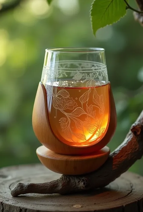 Wooden glass in the shape of a plum to drink from, so that your cup holder is a plum branch that is shaped like a plum, the glass has more designs and if it is made of apricot, even better 