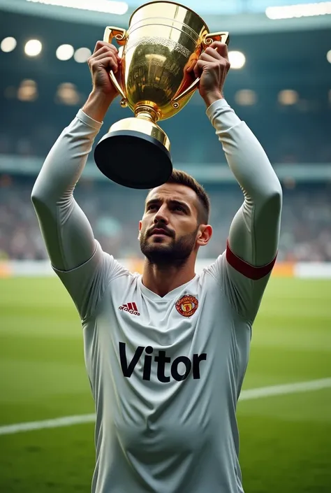 

"Make a man with a long sleeve shirt that says &#39;Vitor&#39;, holding a big trophy on a football field."

