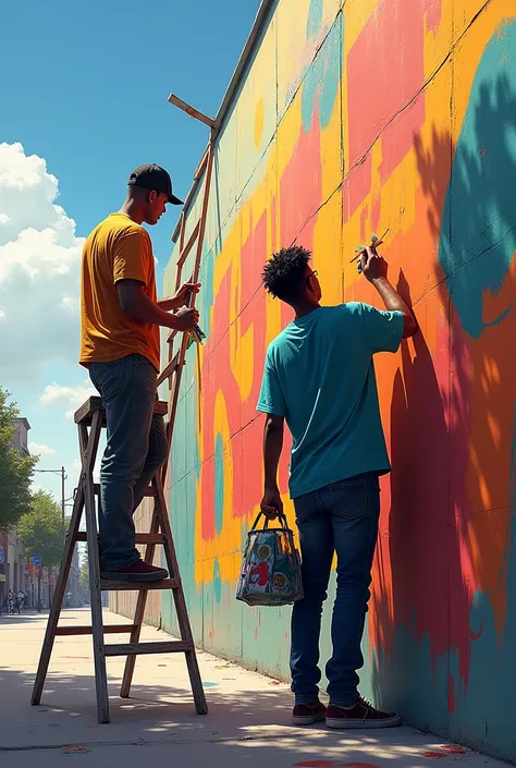 two people painting a mural, The first person to be with a scaffolding ladder. 
that they are men and that it is to be drawn horizontally