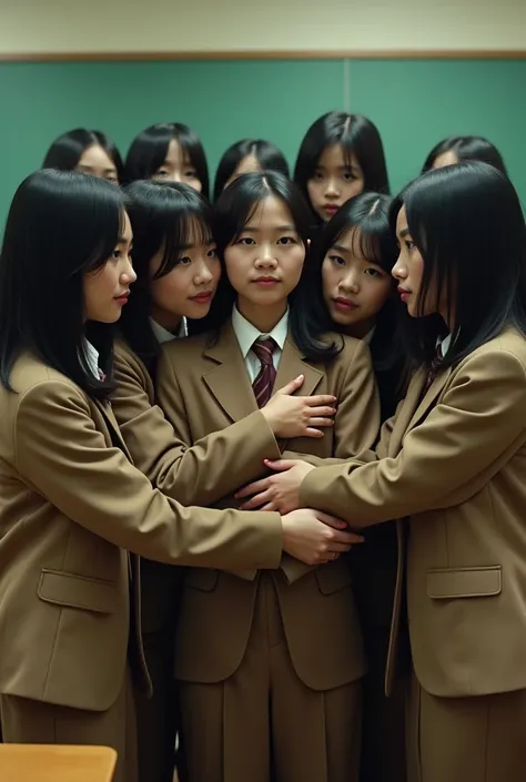 I walked into the classroom and there were 11 real Asian girls in realistic brown uniforms trying to hug me. All with the same face.