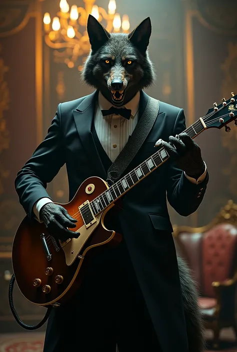 Demonic wolf playing guitar in elegant suit