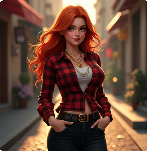  Red-haired young woman, about 2 by appearance, with brown eyes, full-length, with luscious third size breasts, dressed in a plaid shirt, black jeans, a tomboy with a mischievous smile and laughing eyes. Like in the movies.