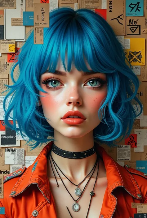 A woman with blue hair, portrayed in the style of multidimensional and complex collages, in a bold and contemporary street art setting. The womans face is rendered with stunning hyperrealism, highlighting every detail with precision and realism, while frag...