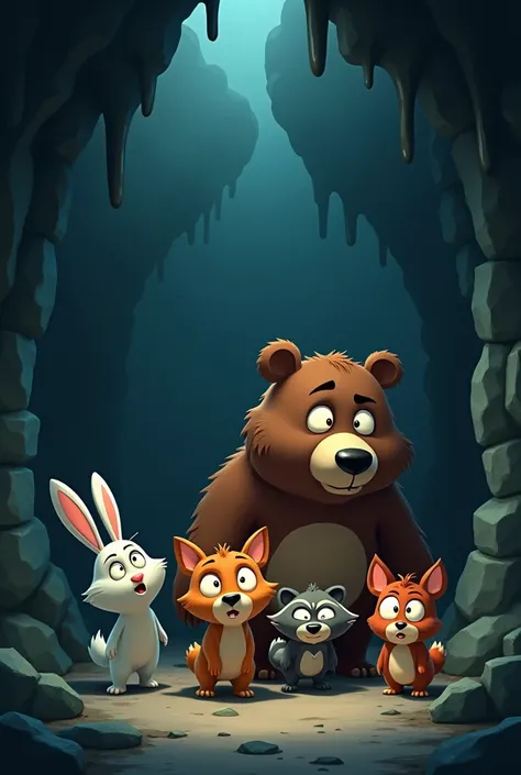 A group of different animated animals trapped in the cave scared 