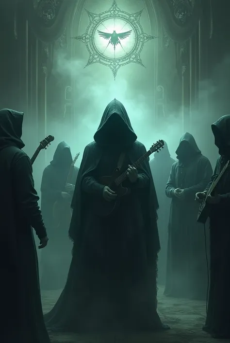 occult society musicians wallpaper with hood and fog