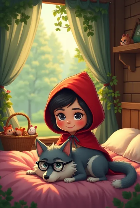 Cartoon Little Red Riding Hood   ,  costs , nearby a grey wolf in glasses lies on the bed