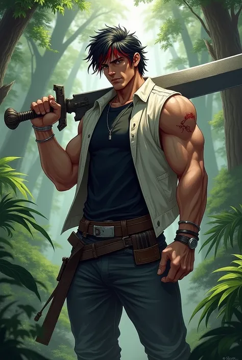 A man who is carrying a big sward on his shoulder and standing as a cool man. He is wearing a black T shirt and a white jacket without Sleeve. It shows his arm muscles and a pain on his arm . His has black and red hair.  He is a man who is 1. He is in the ...