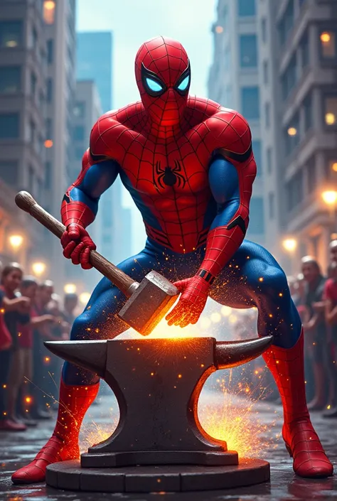 Spider-Man is seen in a heroic pose, wielding a hammer while striking an long anvil emitting a colorful rainbow colors, glowing effect. The setting appears to be an urban cityscape with skyscrapers in the background. A crowd of onlookers stands behind, add...