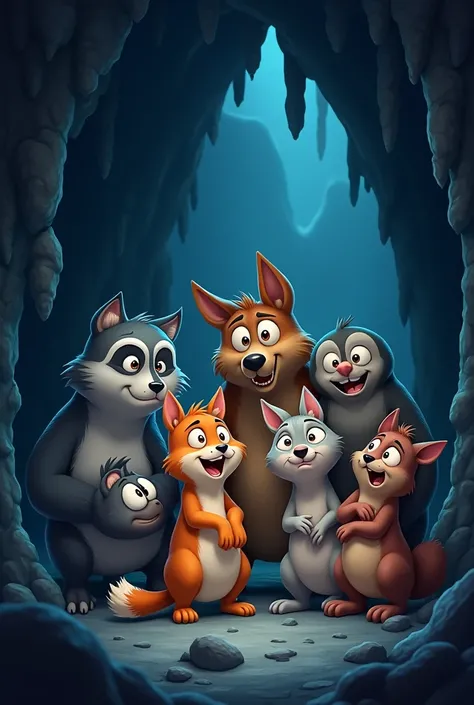 A group of different animated animals trapped in the cave who are scared by the darkness 
