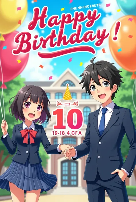 Create a birthday invitation card image with the characters Manjiro Sano and Takemichi Hanagaki. My daughter is turning 10. Her name is Sahamara and the party will be held at Stella Maris School. 