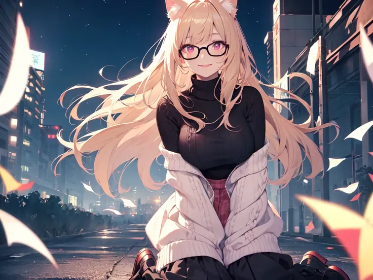 solo、alone、woman、Cat ears、Big Breasts、Kneeling and bending forward、(Wearing pink glasses)、Pink lipstick、Cheek makeup、(Black Cable knit sweater)、Long skirt、Starry Sky、Night Sky、Strong winds、Center of chest、smile、Tasting、Blonde、Long Hair、Red Eye、Half Twin、Cu...