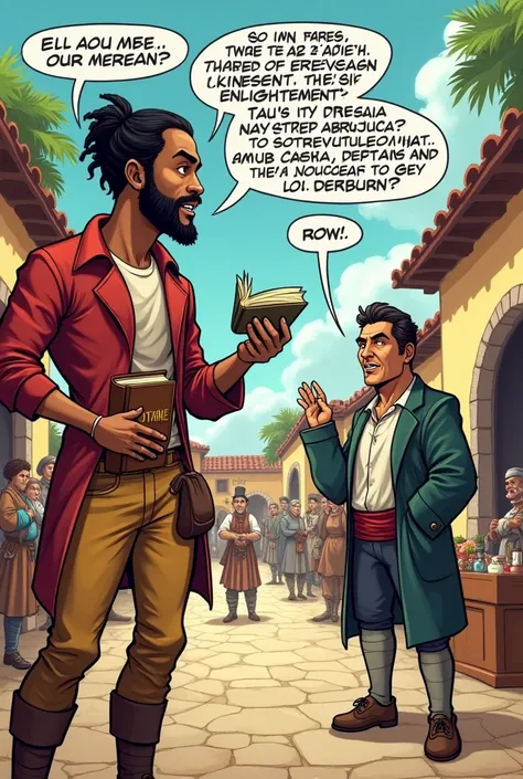 comic in a small colonial square or market, with the Creole trying to convince the other characters of the ideas of the Enlightenment. with the following dialogue:Table 1: (The Creole leyendo un libro con títulos como “Voltaire” o “Rousseau”)
Creole: “Frie...