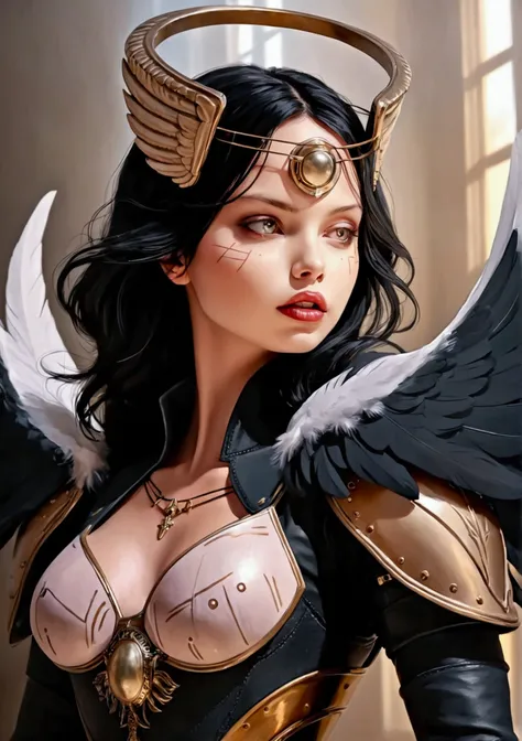 Focus on the shoulders, faça detailed shoulder pads, armadura angelical, make shoulder pads with feathers representing an angel, detailed shoulder pads 