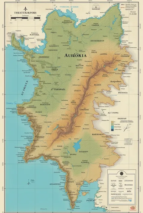 simple political map of a country called Auroria with borders, abundant natural resources and physical aspects 