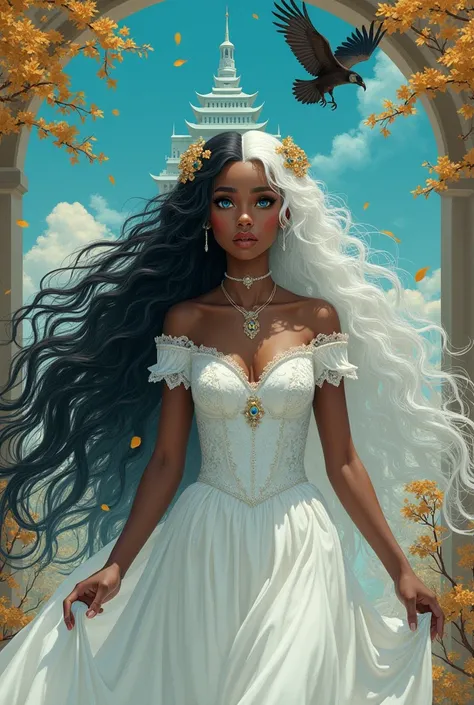 Black skinned princess, with two sides of a face. She has long black hair and clear vibrant blue eyes and on the other side white hair and white eyes. She wears a wedding dress and iron gloves on her hands and in her hair she has a brooch with a peacock fe...