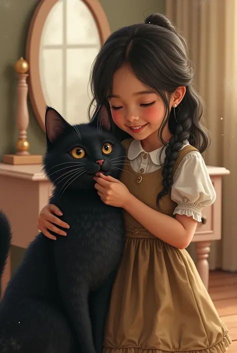 Made cat with girl happy face and wearing brownfrock standing infront of dressing and comb her beautiful thick black silky hairs