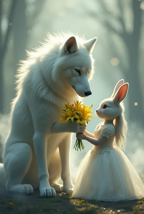 White wolf in smoky coat offering a bouquet of yellow lilies to a bunny dressed as a bride