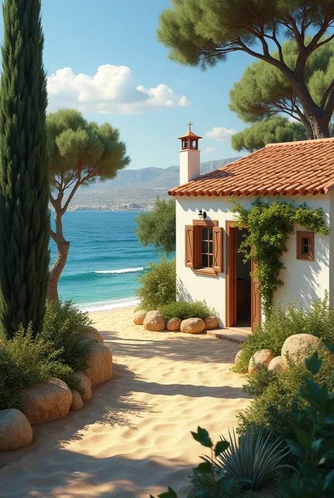 On the island of Cyprus, a local summer house on the beach. Cypress tree in front, grape arbor, palm tree,  Let there be a lemon tree and an olive tree.