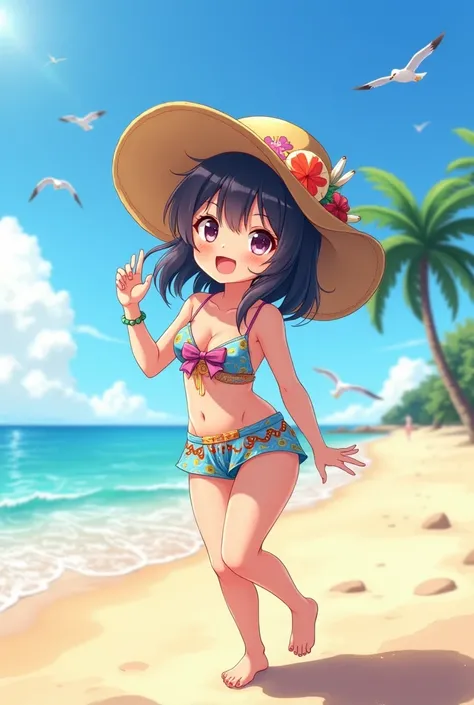 Girl going to the beach with a hat and swimsuit, Style anime 