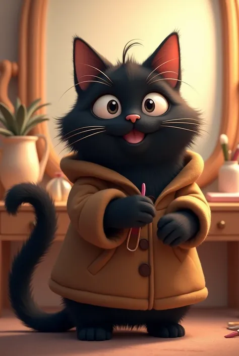 Made cat with happy face and wearing brownfrock standing infront of dressing and comb her beautiful thick black silky hairs