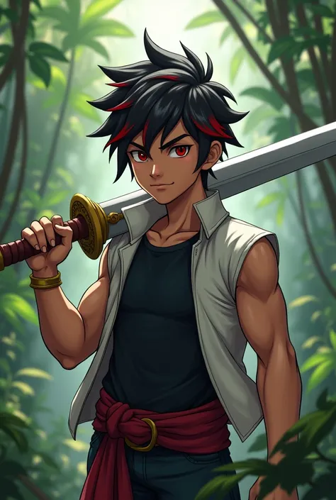 A boy who is carrying a big sward on his shoulder and acting like he is really to fight. He is wearing a black T shirt and a white jacket without Sleeve. It shows his arm muscles . His has black and red hair.  He is a boy who is . He is in the jungle 