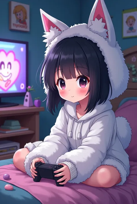 A female emo anime character with black hair and black eyes and white fur who looks like a big-headed doll who likes games and cartoons sitting in her room watching cartoons